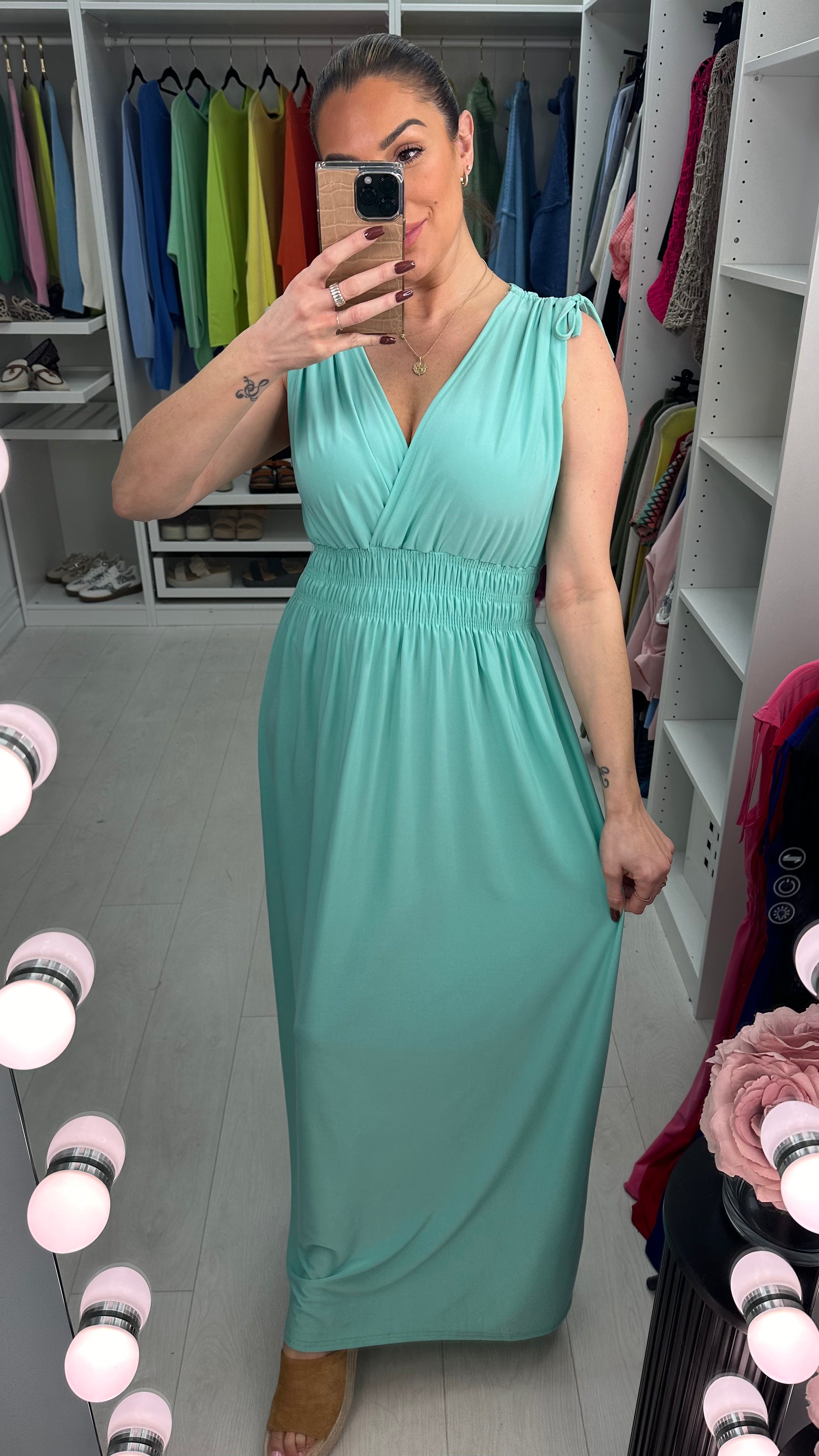 Kaci Plain Shirred Waist V Neck Maxi Magic Dress