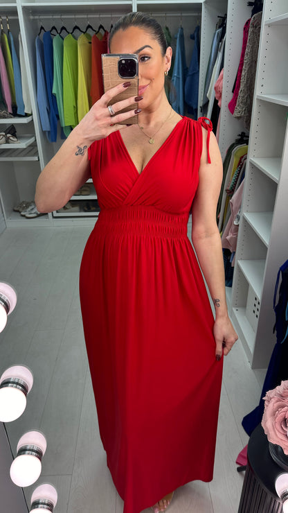 Kaci Plain Shirred Waist V Neck Maxi Magic Dress