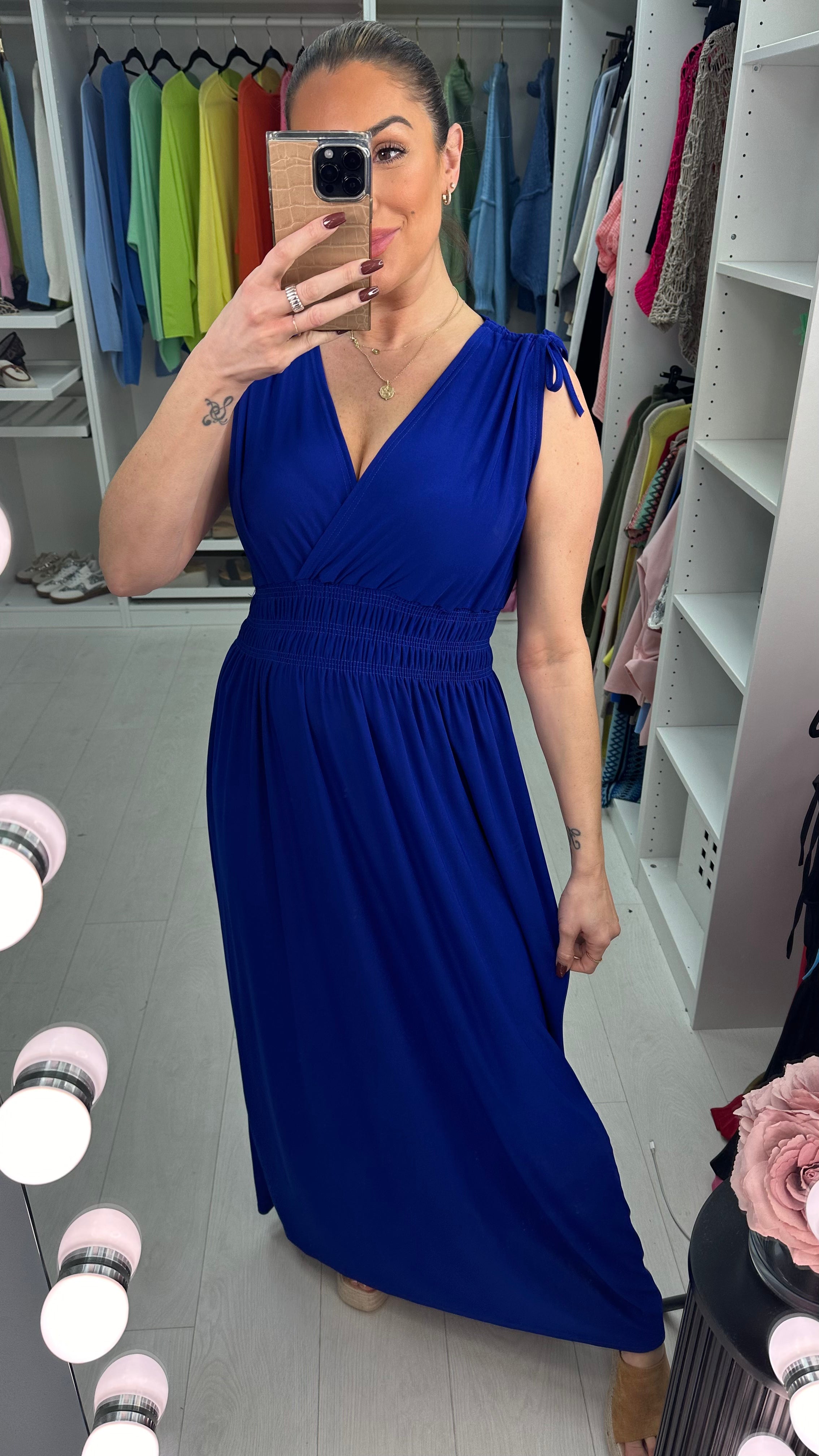 Kaci Plain Shirred Waist V Neck Maxi Magic Dress