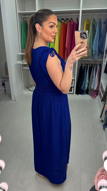 Kaci Plain Shirred Waist V Neck Maxi Magic Dress