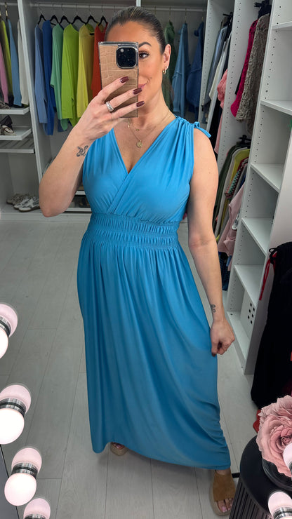 Kaci Plain Shirred Waist V Neck Maxi Magic Dress