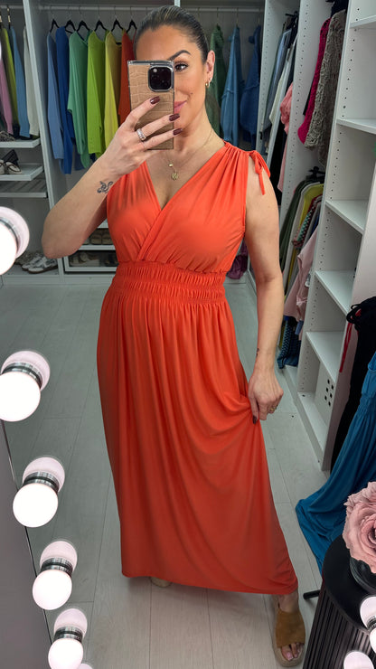 Kaci Plain Shirred Waist V Neck Maxi Magic Dress