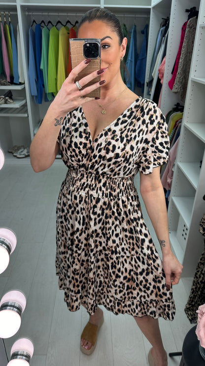 Renee Leopard Print Frill Sleeve Midi Magic Dress