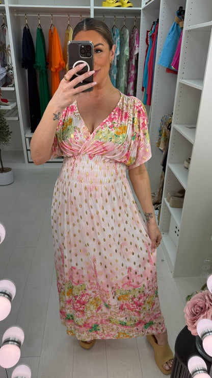 Lissia Paris Print Shirred Waist Magic Maxi Dress