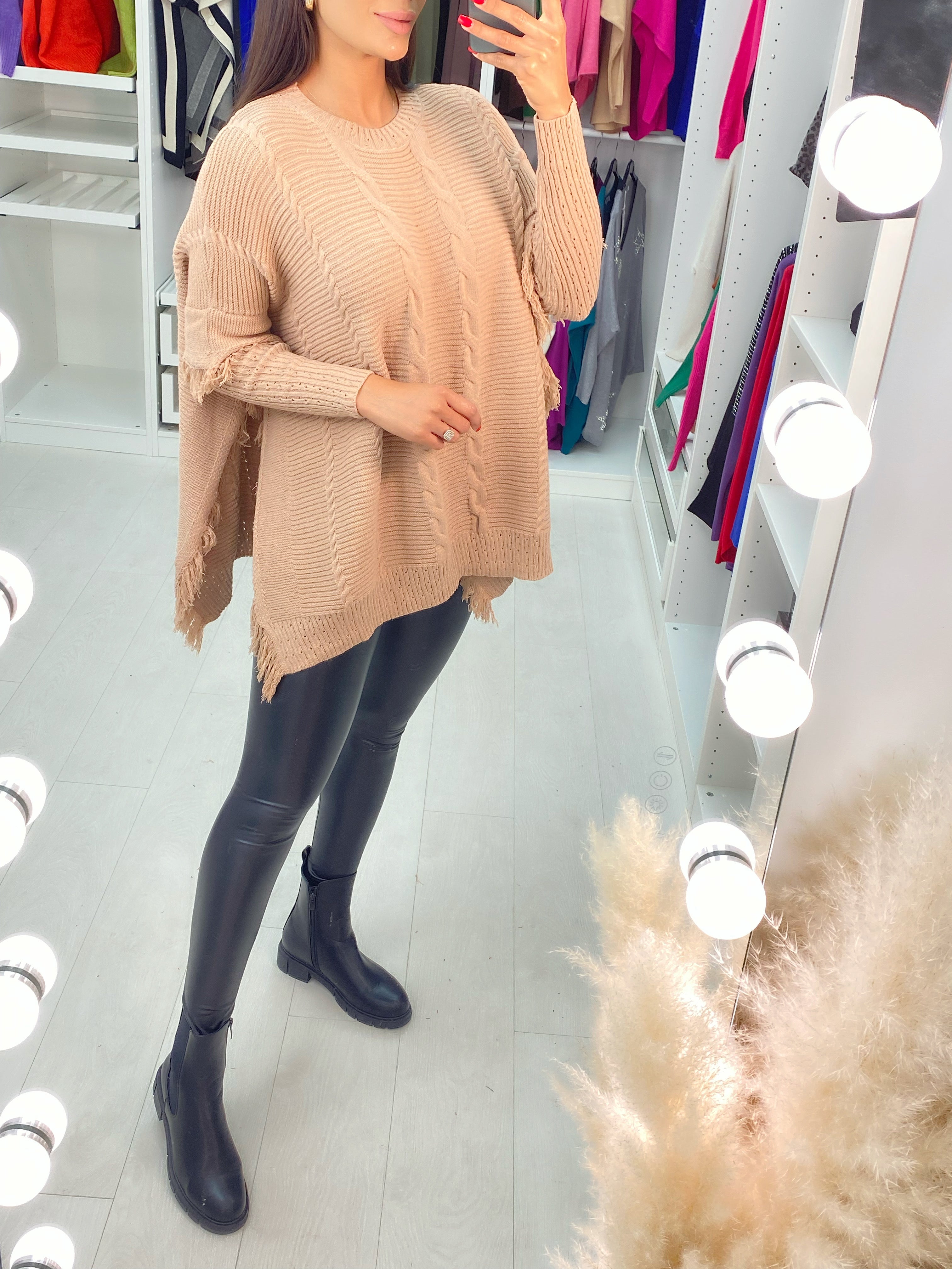 Candela Pleated Knit Tassel Poncho Jumper