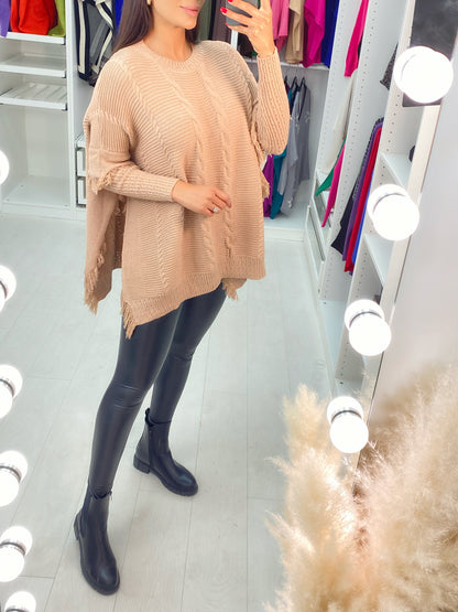 Candela Pleated Knit Tassel Poncho Jumper