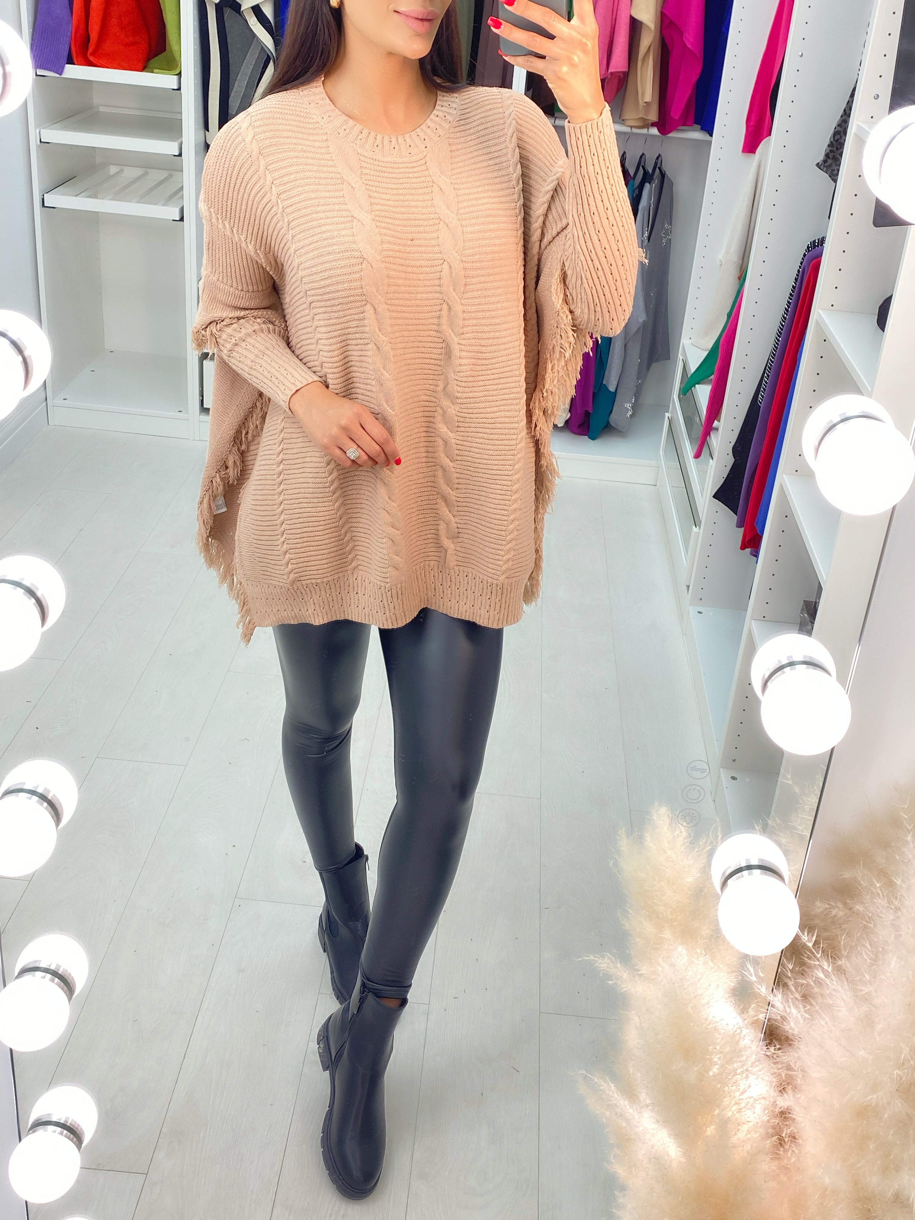 Candela Pleated Knit Tassel Poncho Jumper