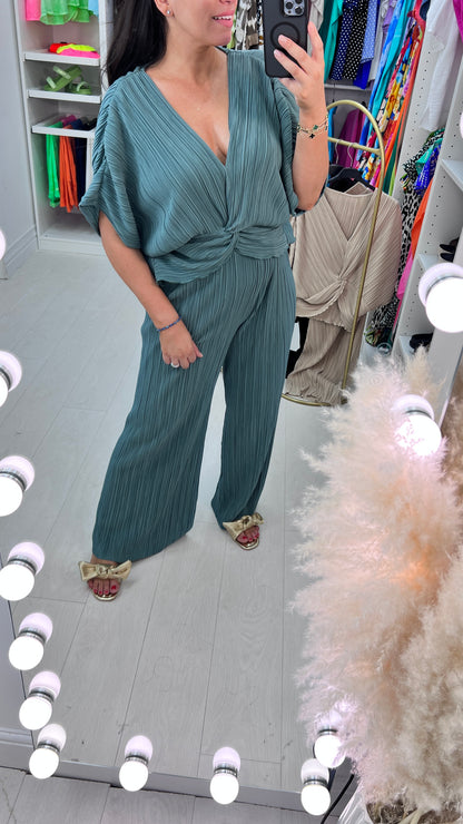 Lunah Twist Front Plisse Top & Wide Leg Trouser Set