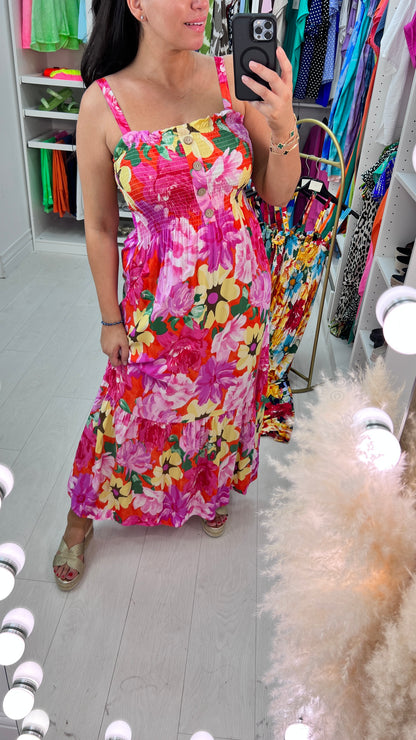 Dicle Elasticated Bust Button Detail Floral Print Dress