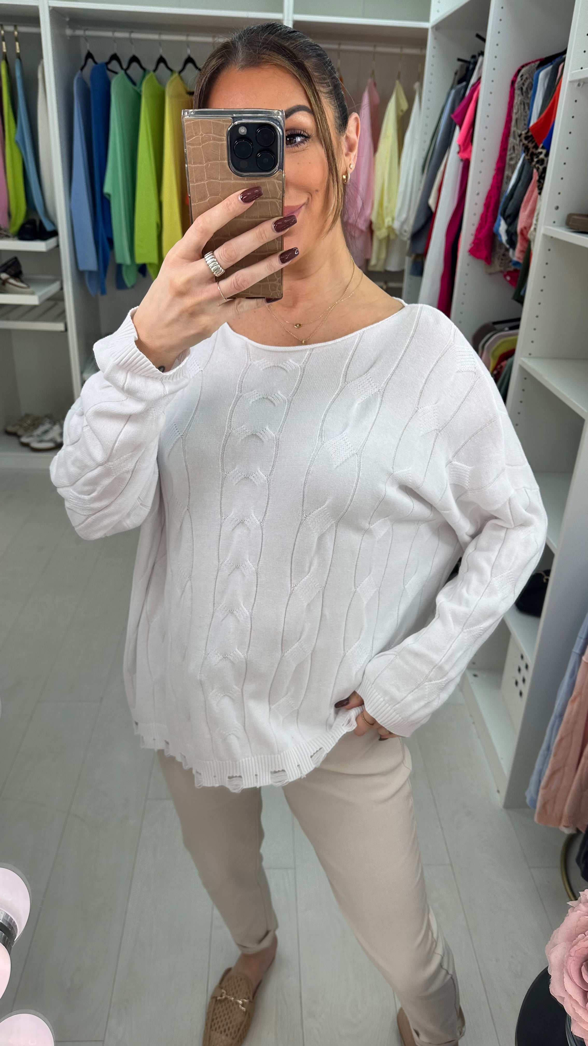 Courtney Plain Round Neck Cable Knit Sweatshirt