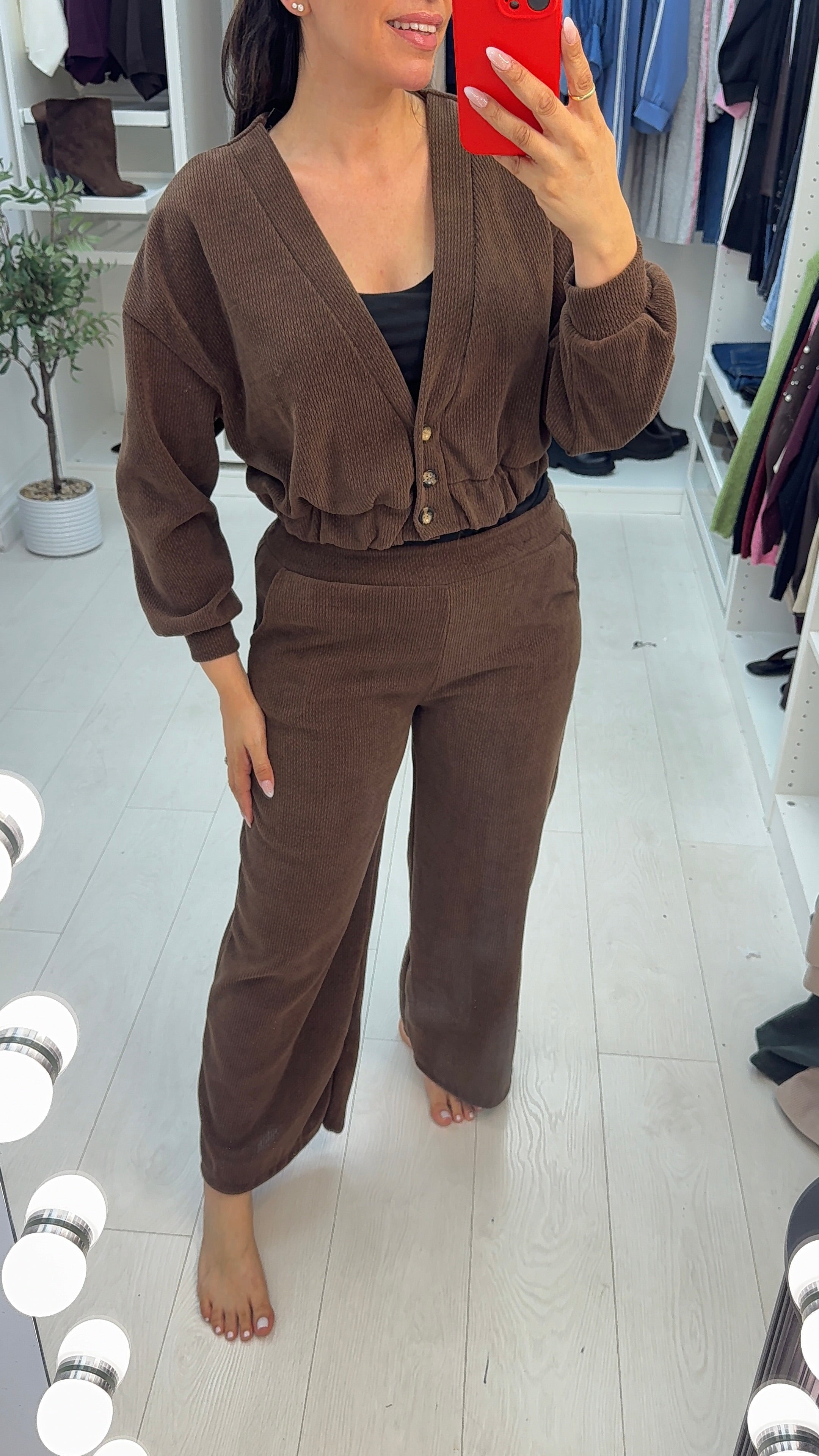 Naria Plain Corduroy Cardigan Loungewear Set