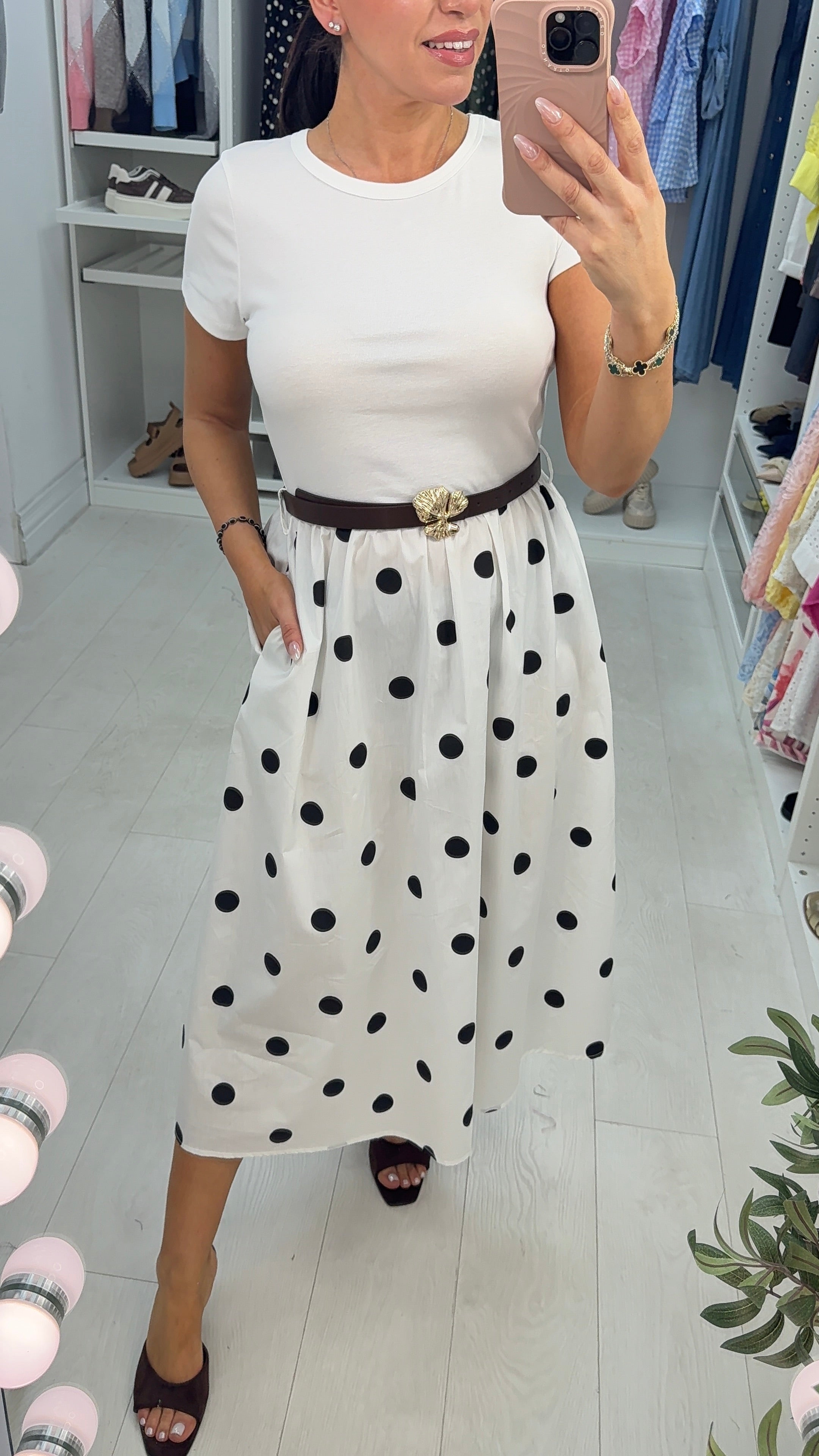 Madalena Short Sleeve Polka Dot Poplin Midi Dress