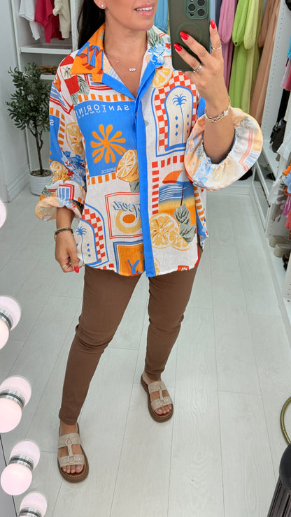 Mayra Tropical Print Ruffle Cuff Shirt