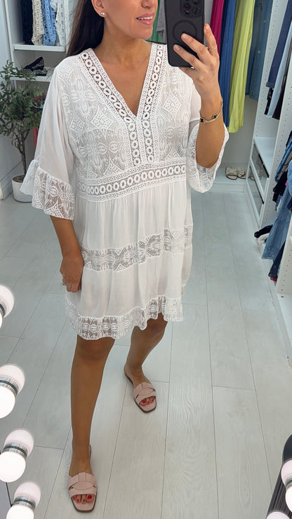 Debi Lace Embroidered Smock Dress