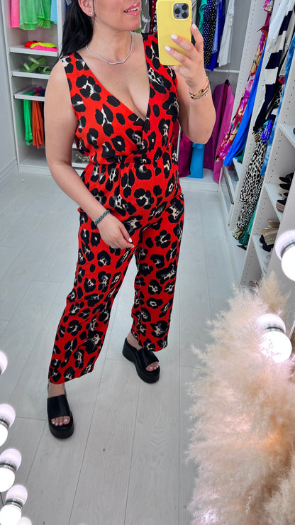 Linnea Red Animal Print Wrap Front Wide Leg Jumpsuit