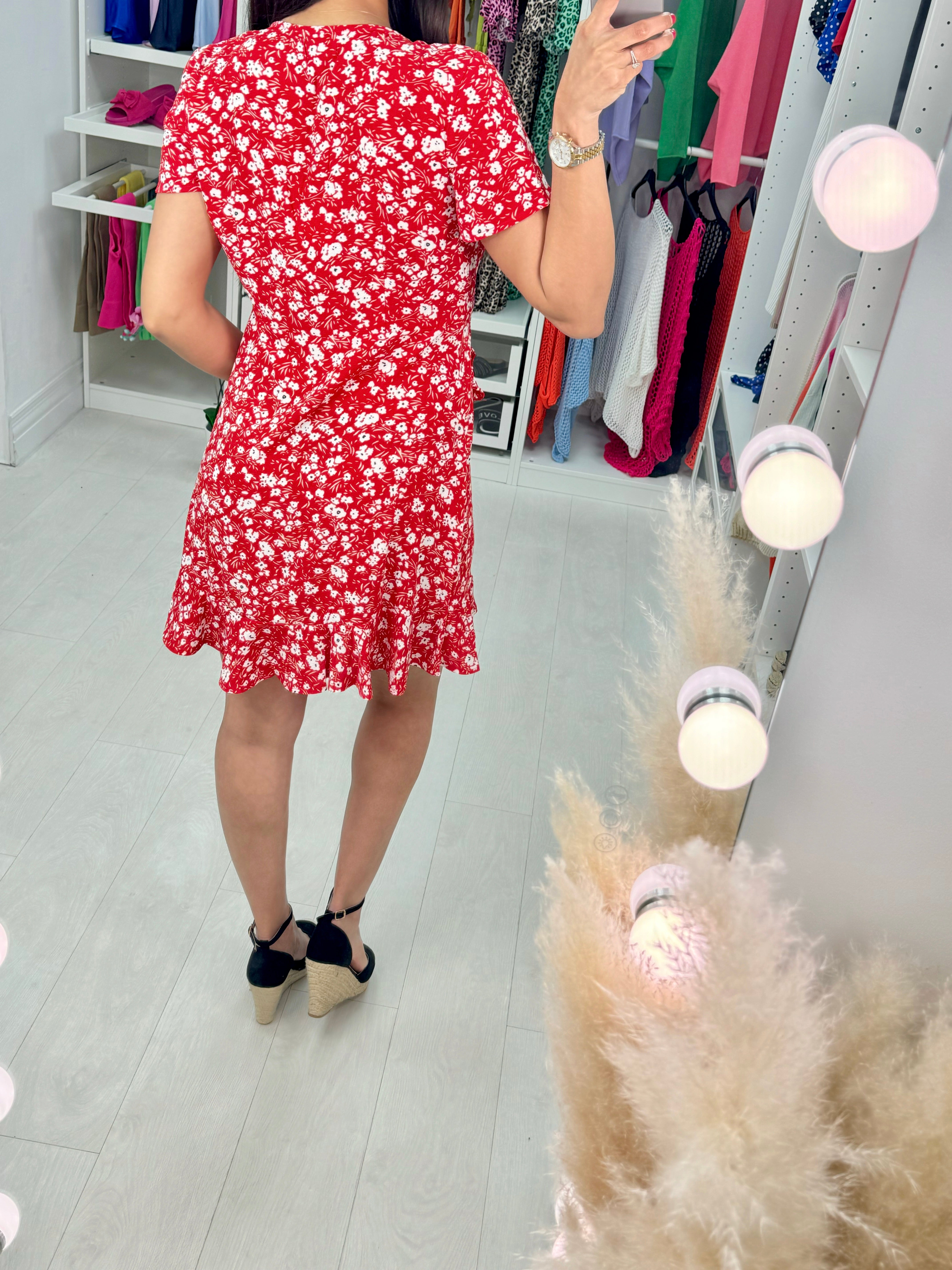 Emry Red Floral Print Ruffle Dress