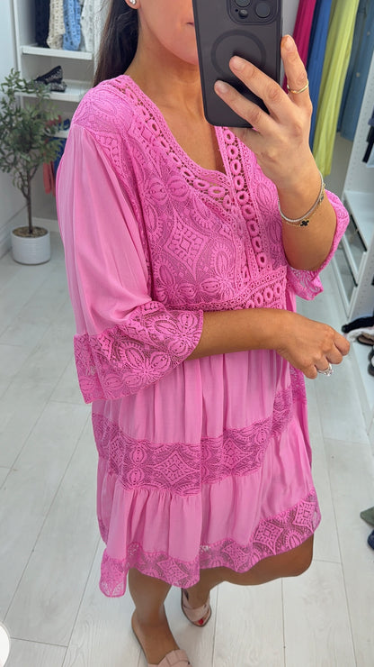 Debi Lace Embroidered Smock Dress