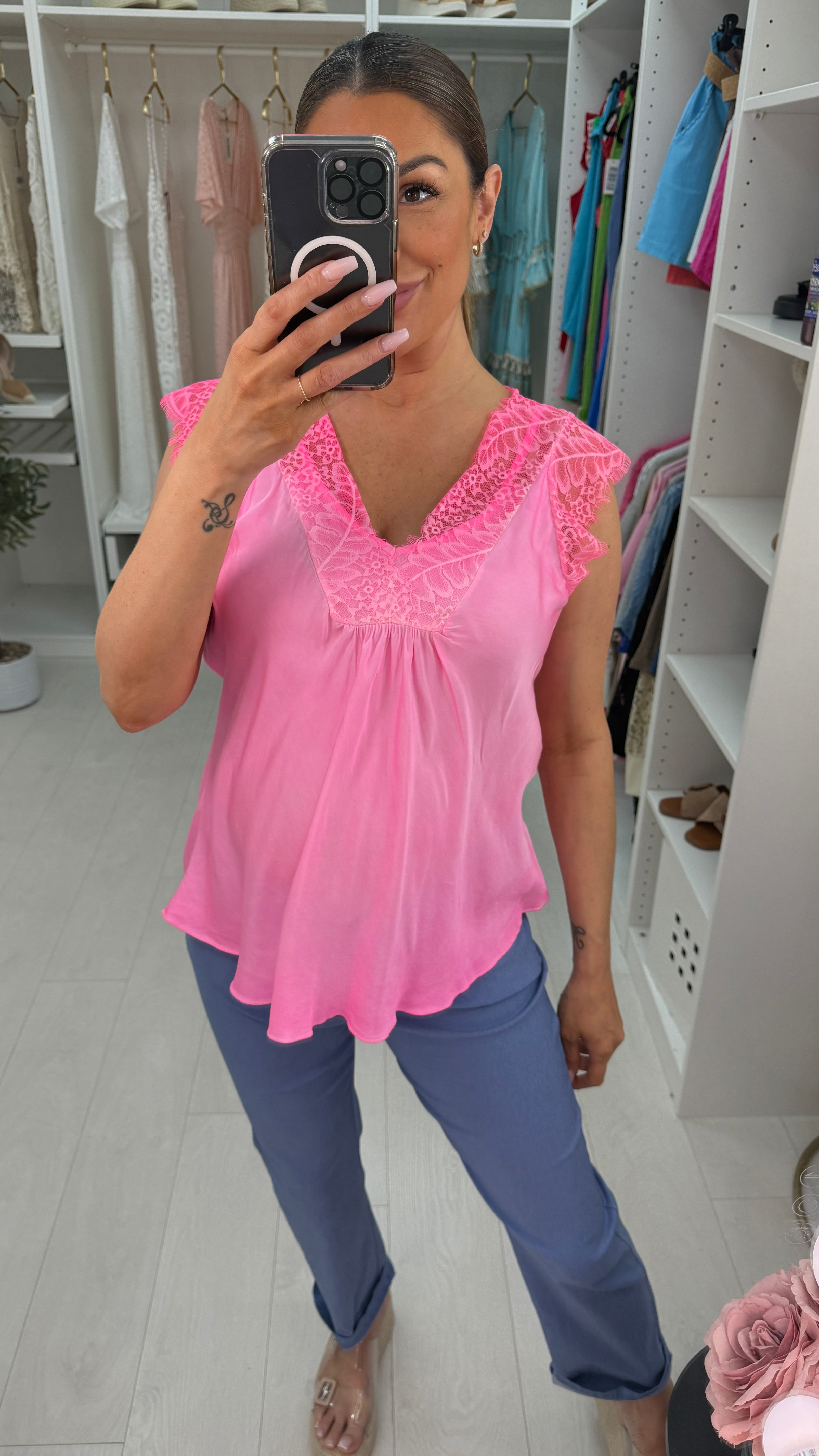Luca Neon Lace Trim Detail Satin Top