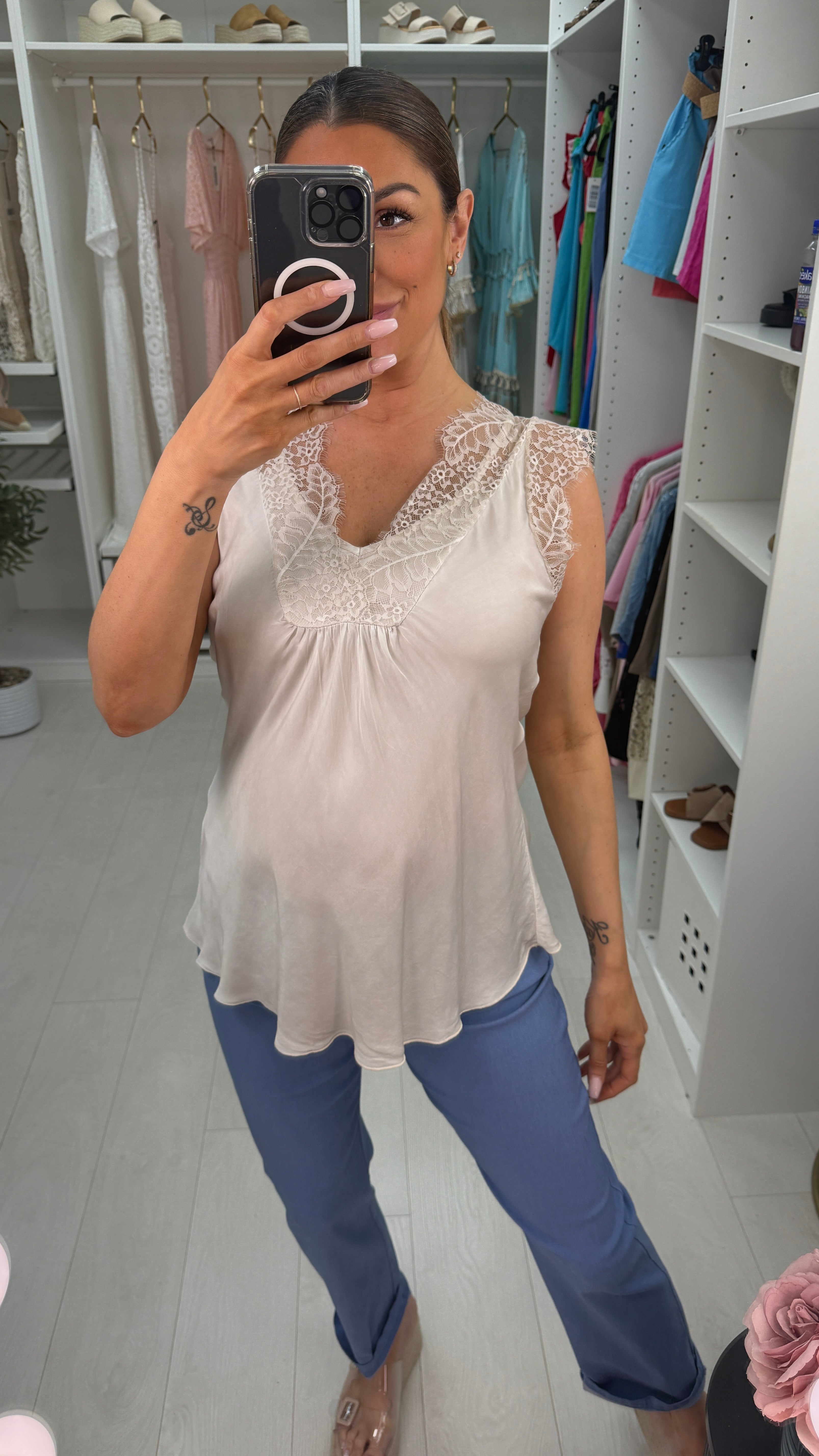 Luca Lace Trim Detail Satin Top