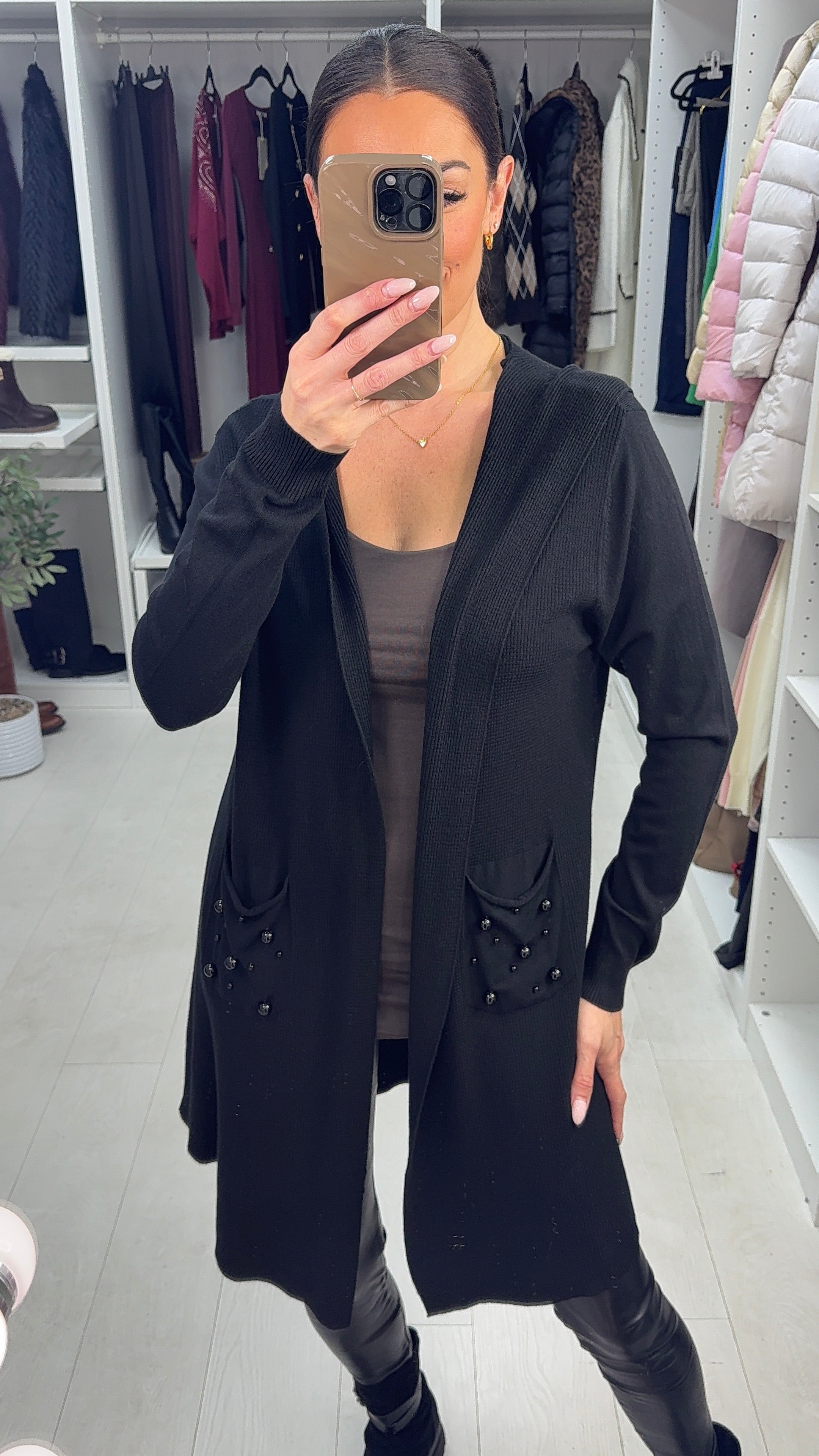 Jenett Pearl Embellished Pocket Front Hooded Cardigan