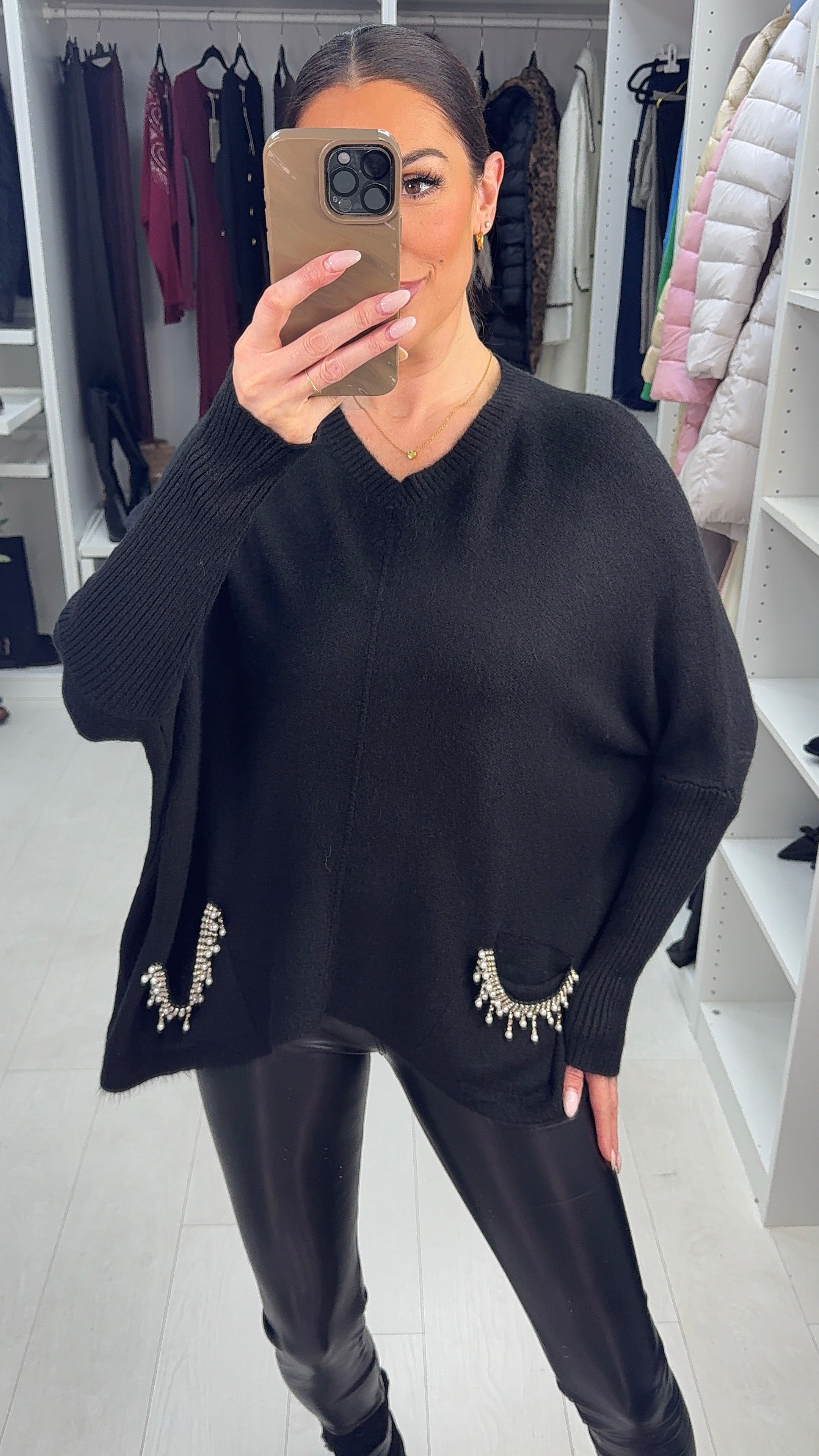 Kiana Plain V Neck Embellished Pocket Jumper