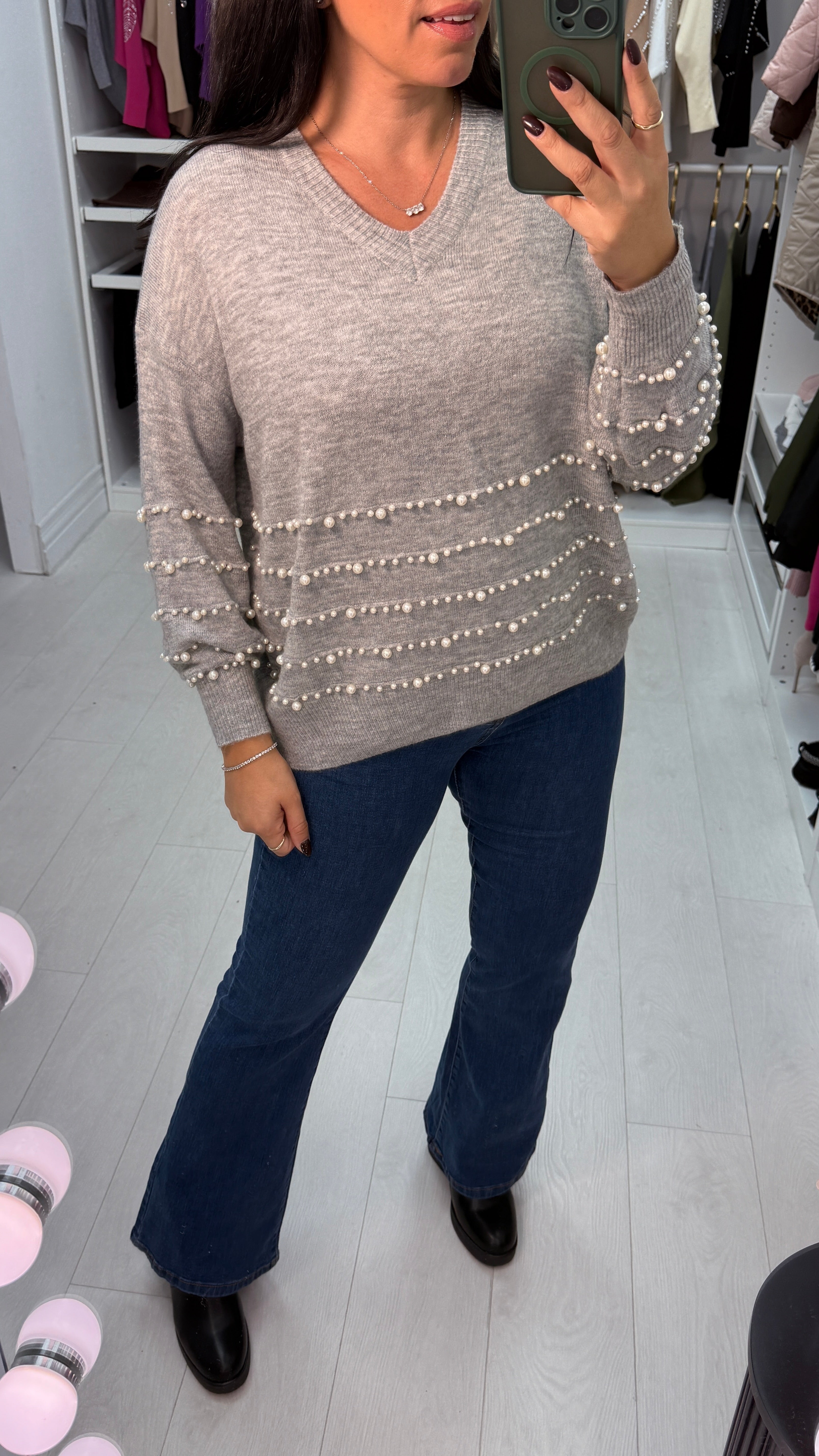 Paisley Plain Pearl Detail V Neck Jumper