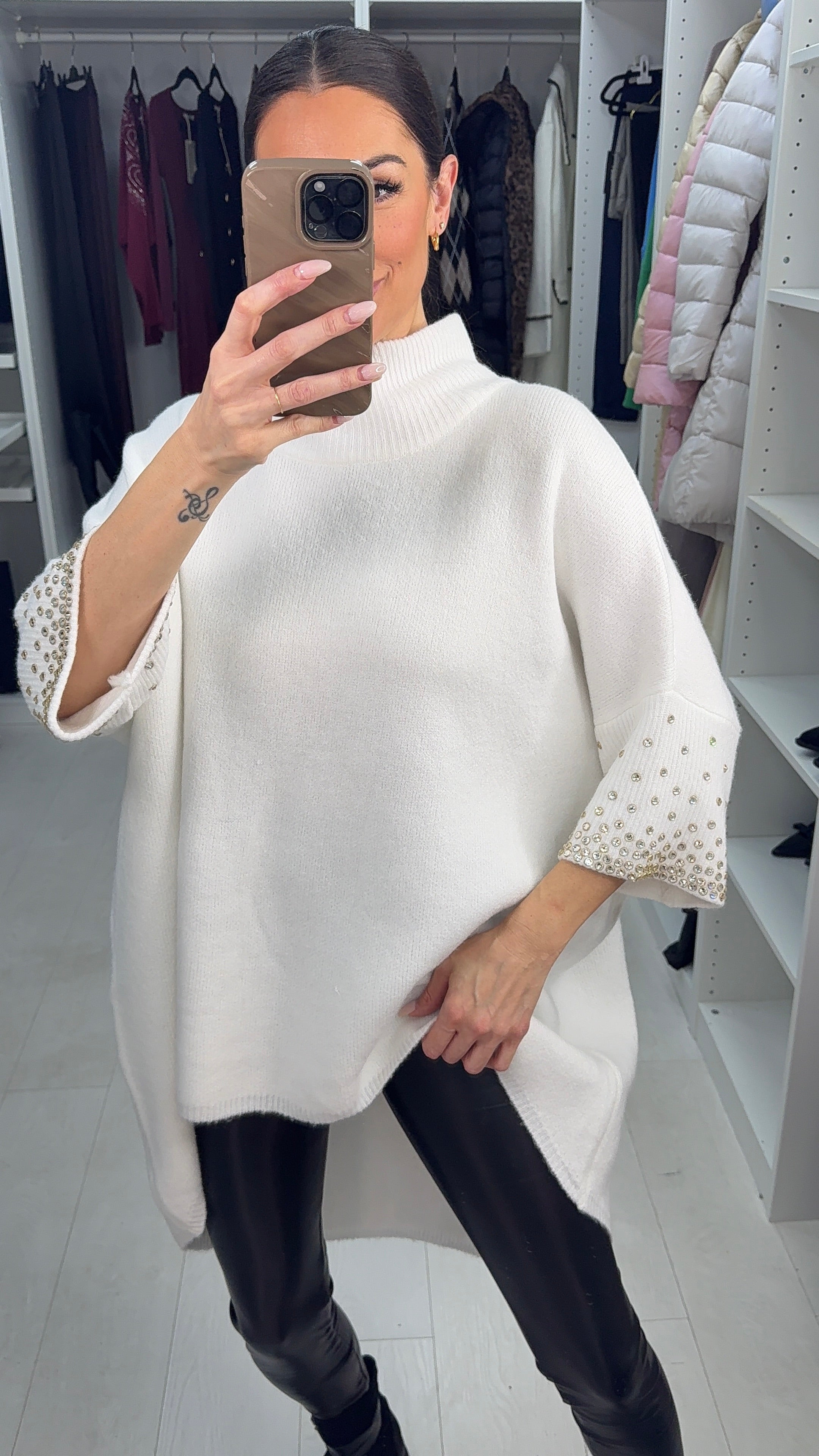 Priscella Plain Diamante Embellished Loose Fit Jumper