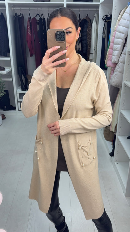 Jenett Pearl Embellished Pocket Front Hooded Cardigan