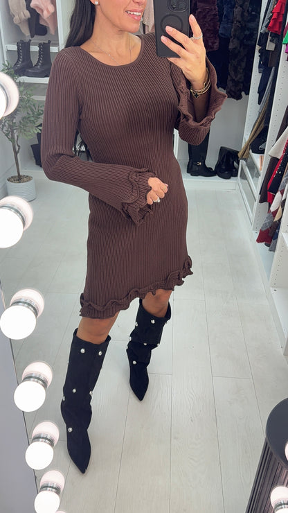 Prinnie Plain Frill Detail Ribbed Knit Skater Dress