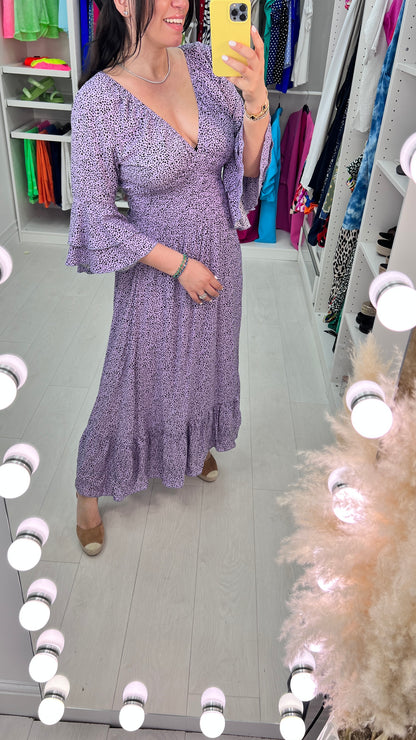 Jinti Lilac Dalmation Print Ruffle Maxi Dress