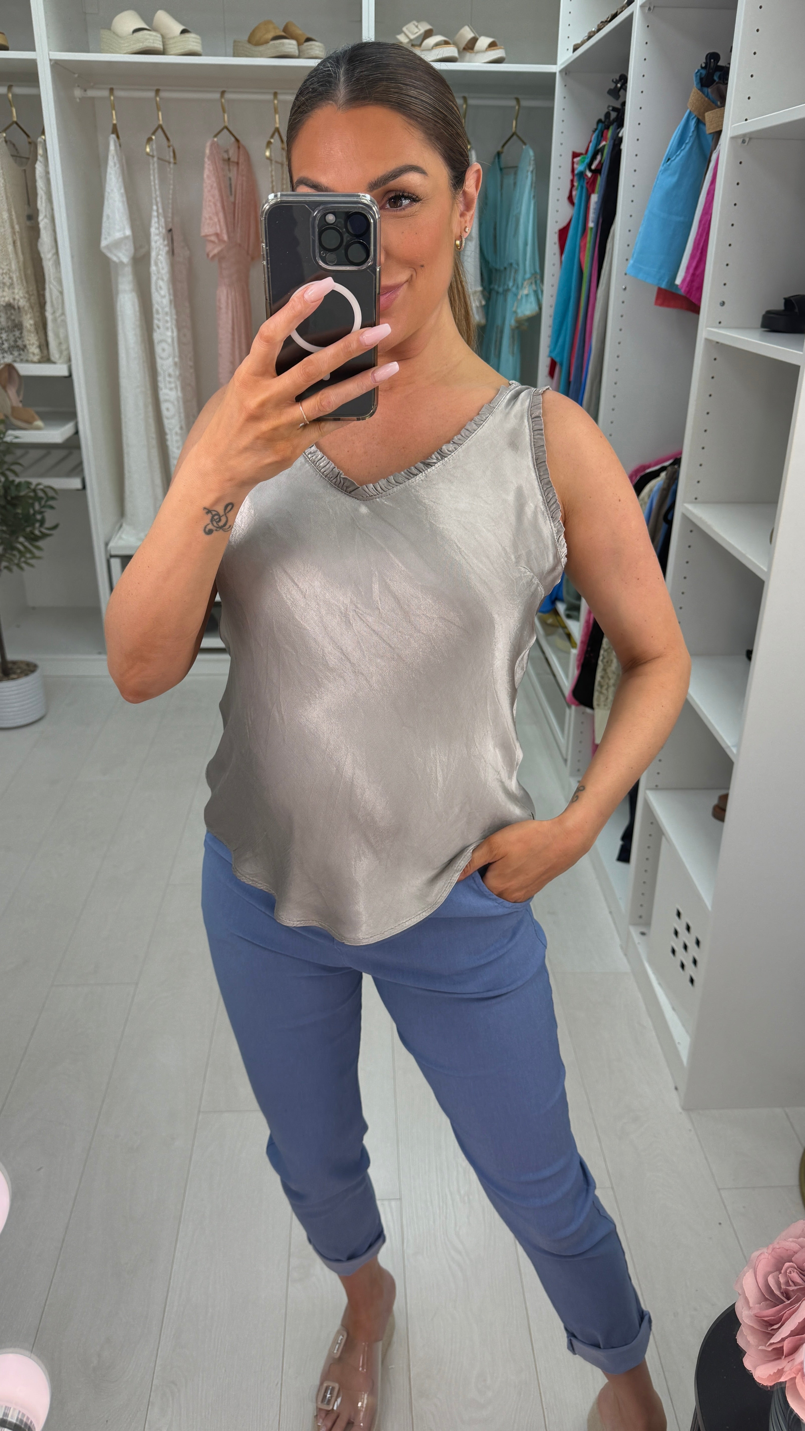 Juana Frill V Neck Satin Top