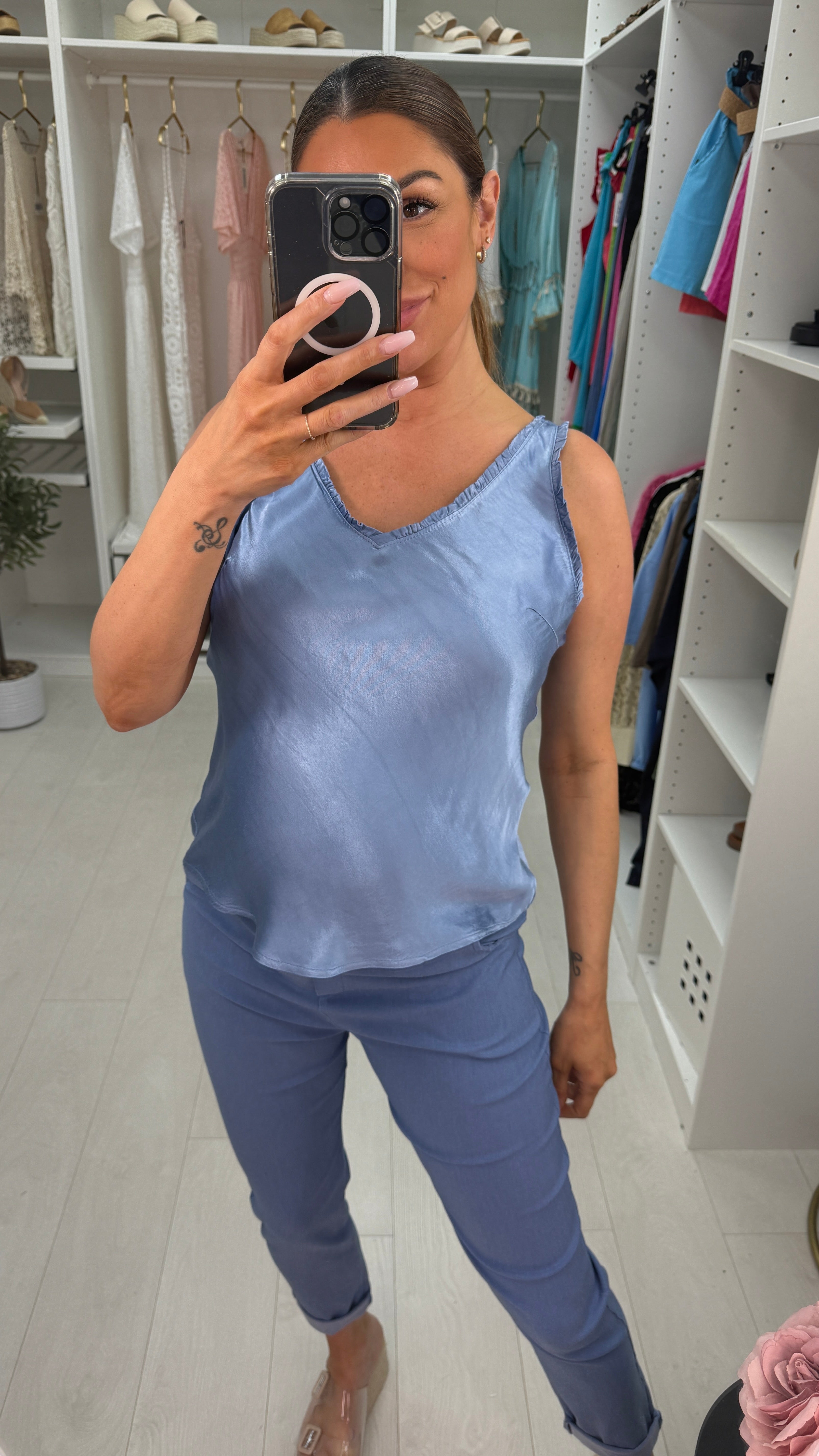 Juana Frill V Neck Satin Top