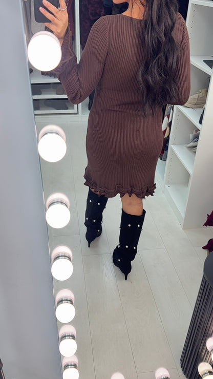 Prinnie Plain Frill Detail Ribbed Knit Skater Dress