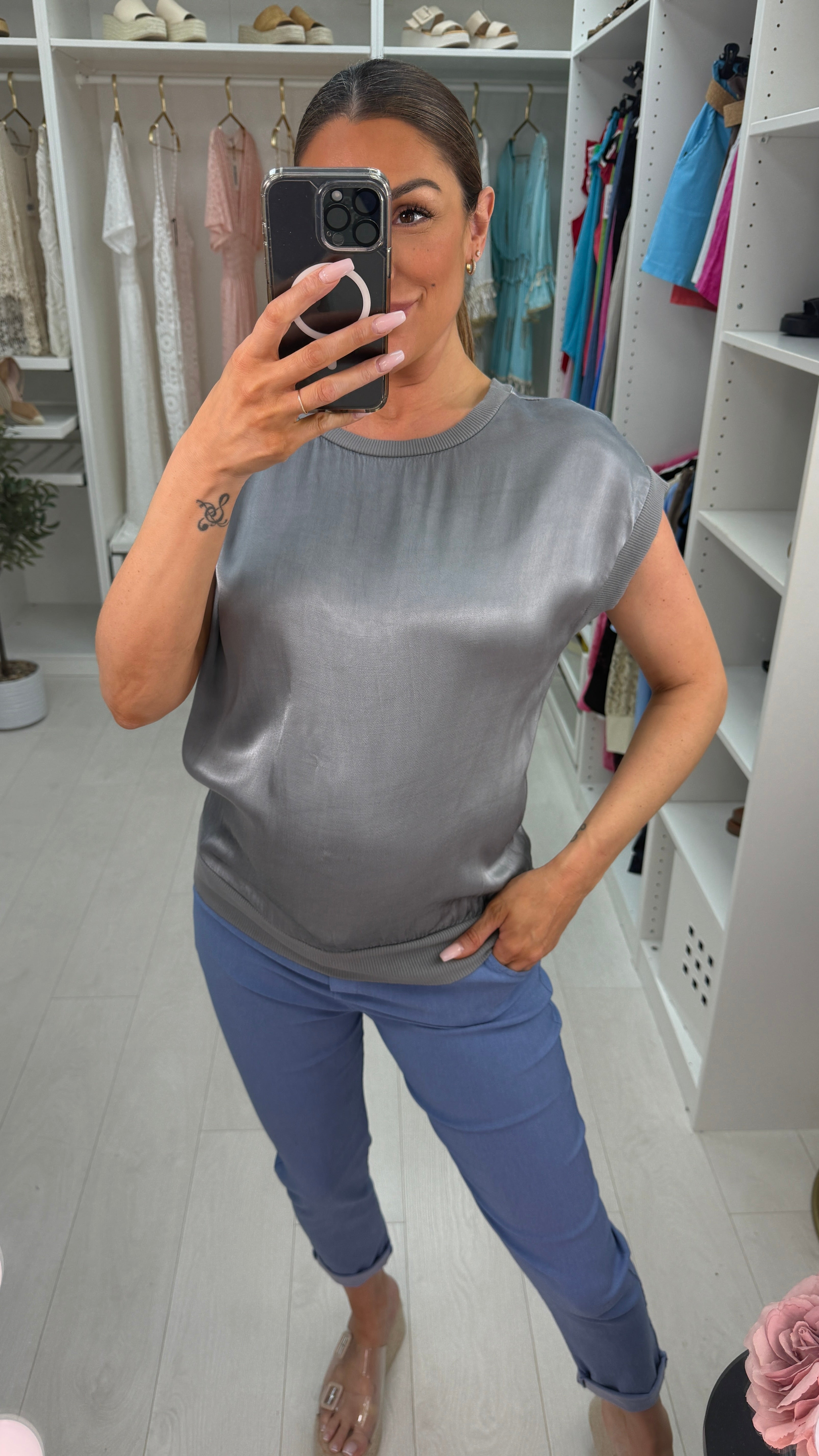 Samoa Plain Round Neck Satin Top