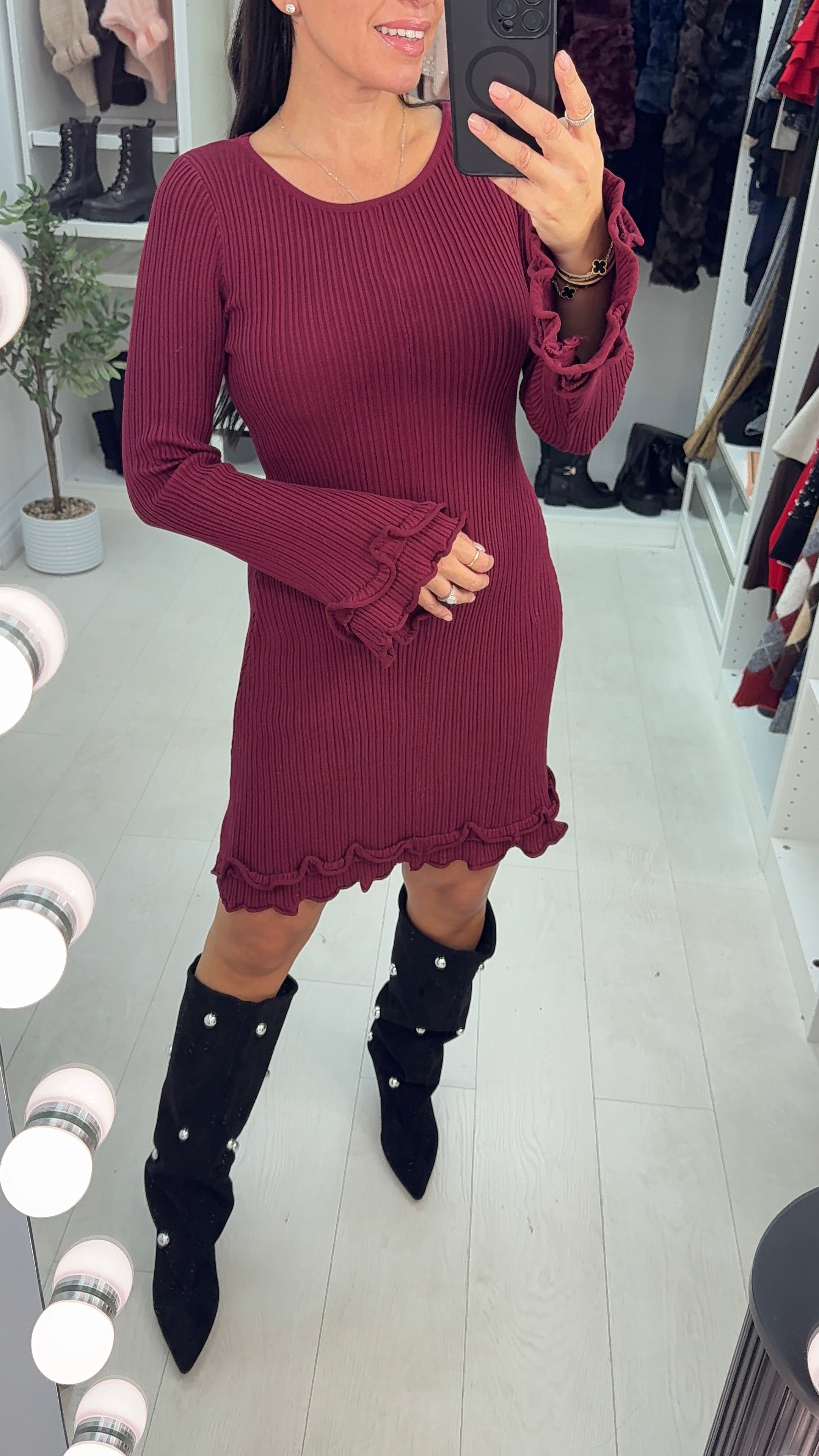 Prinnie Plain Frill Detail Ribbed Knit Skater Dress