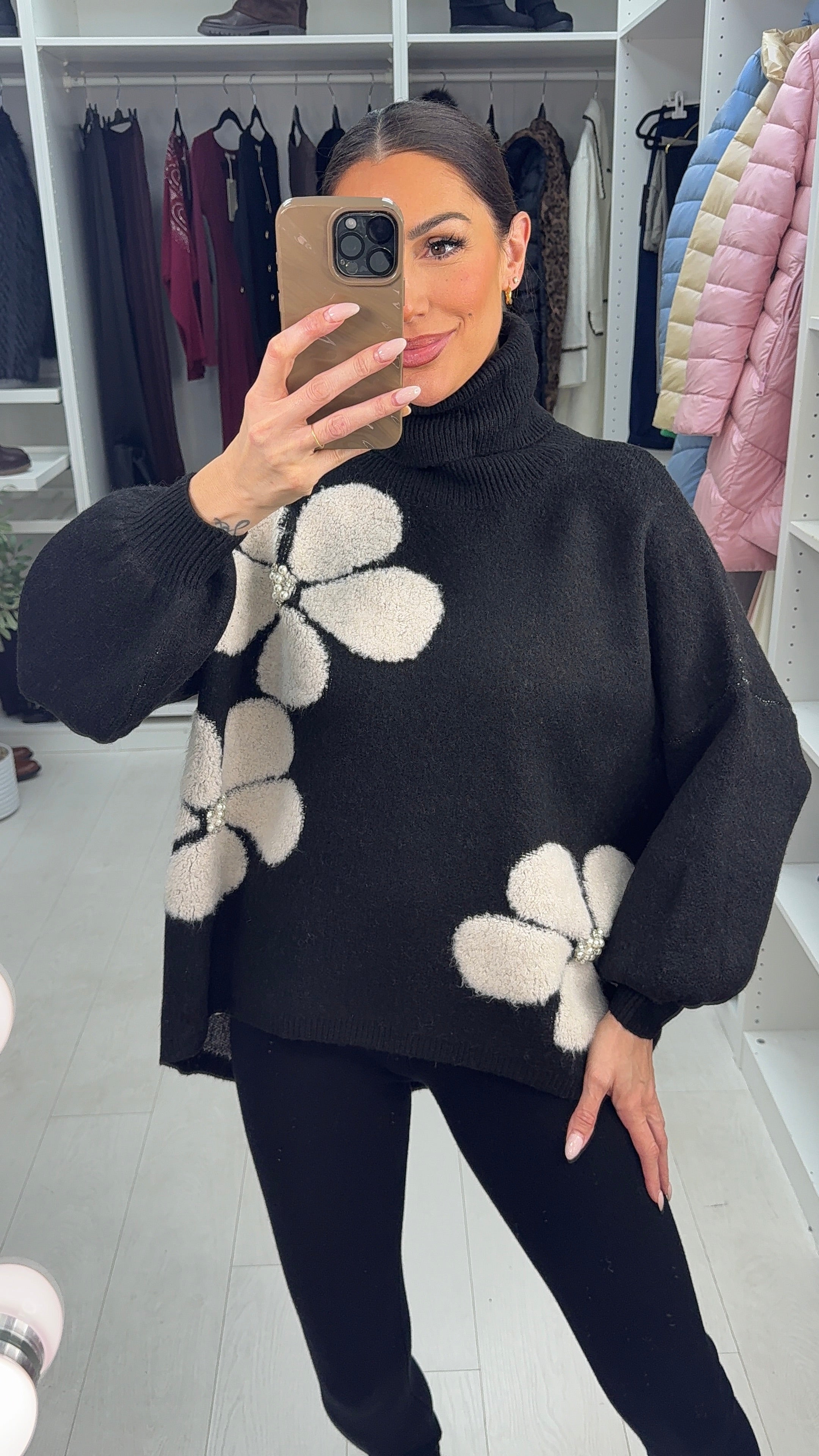 Clare Embellished Floral Detail Oversized Roll Neck Jumper
