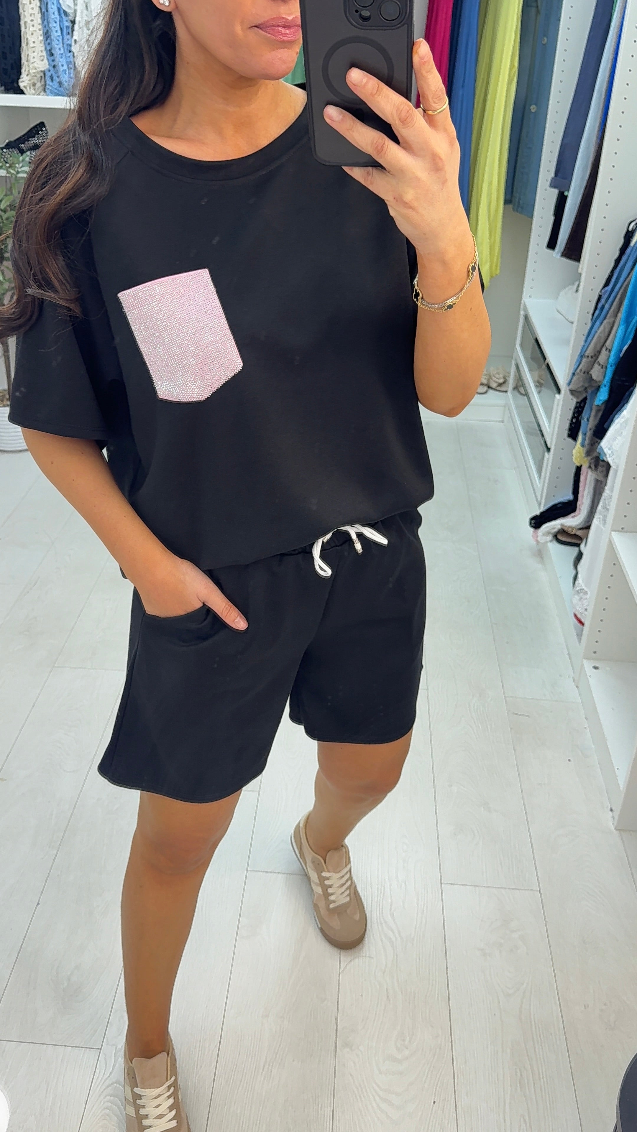 Hana Plain Embellished Pocket Shorts Co-Ord Set