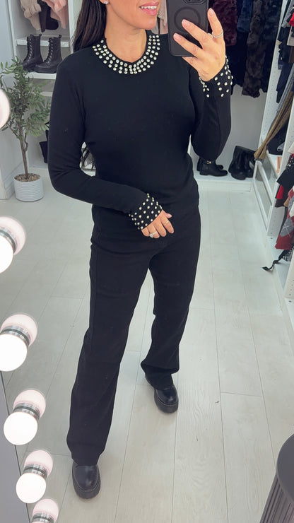 Patrese Diamante Detail Round Neck Ribbed Jumper