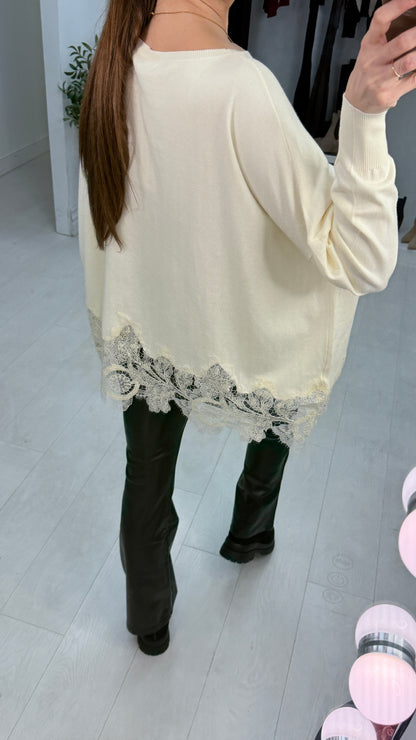 Daisy Embellished Lace Hem Loose Fit Jumper