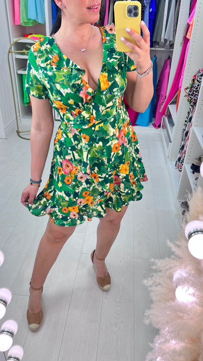 Giusy Emerald Floral Print Ruffle Mini Dress