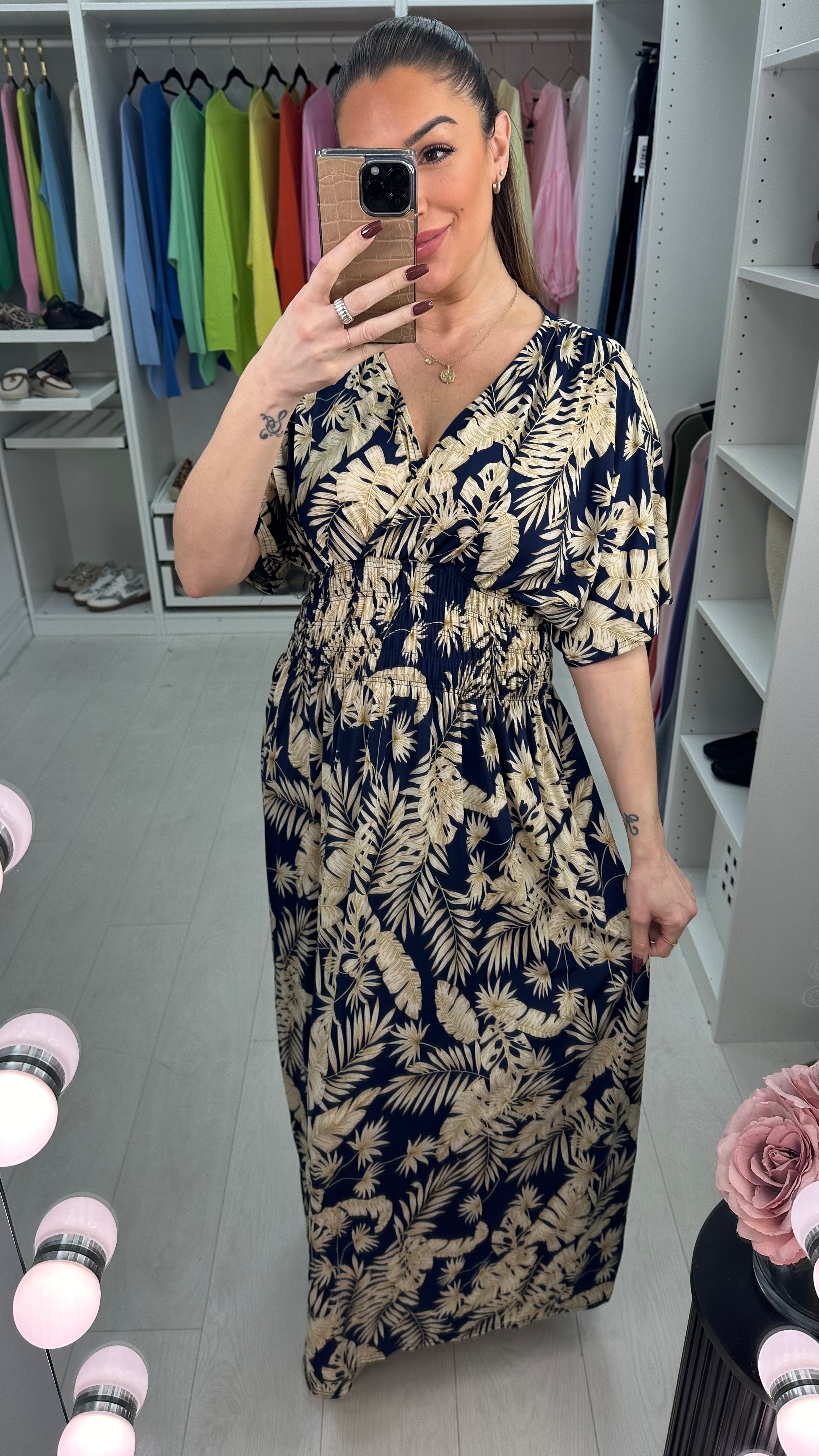 Livvy Leaf Print Shirred Waist Magic Maxi Dress