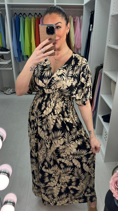 Livvy Leaf Print Shirred Waist Magic Maxi Dress