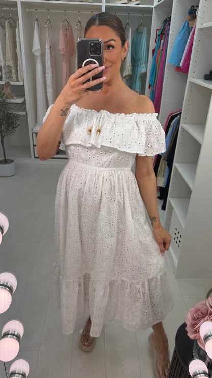 Susanna Plain Broderie Anglaise Bardot Maxi Dress