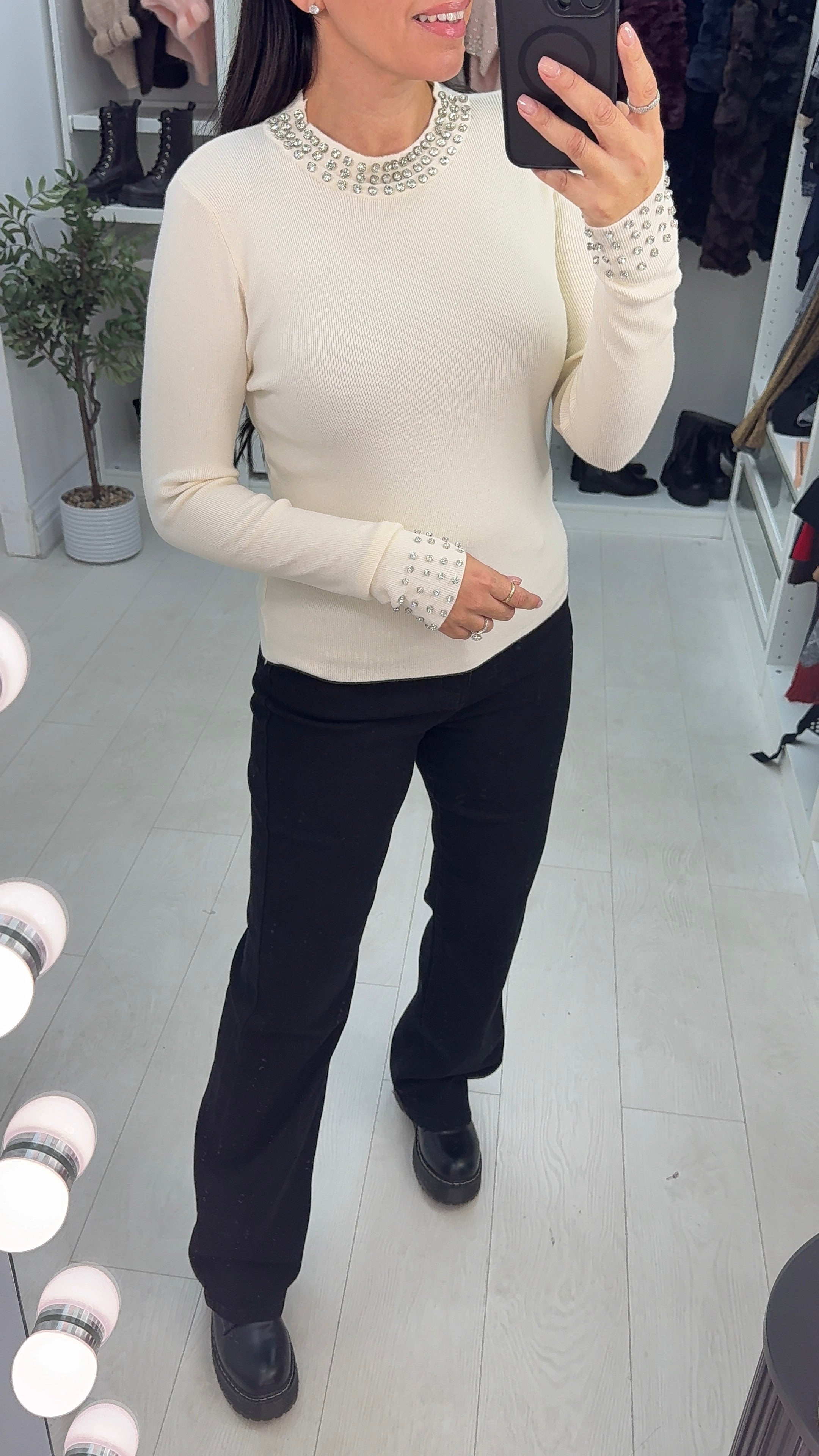 Patrese Diamante Detail Round Neck Ribbed Jumper