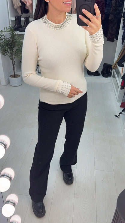 Patrese Diamante Detail Round Neck Ribbed Jumper