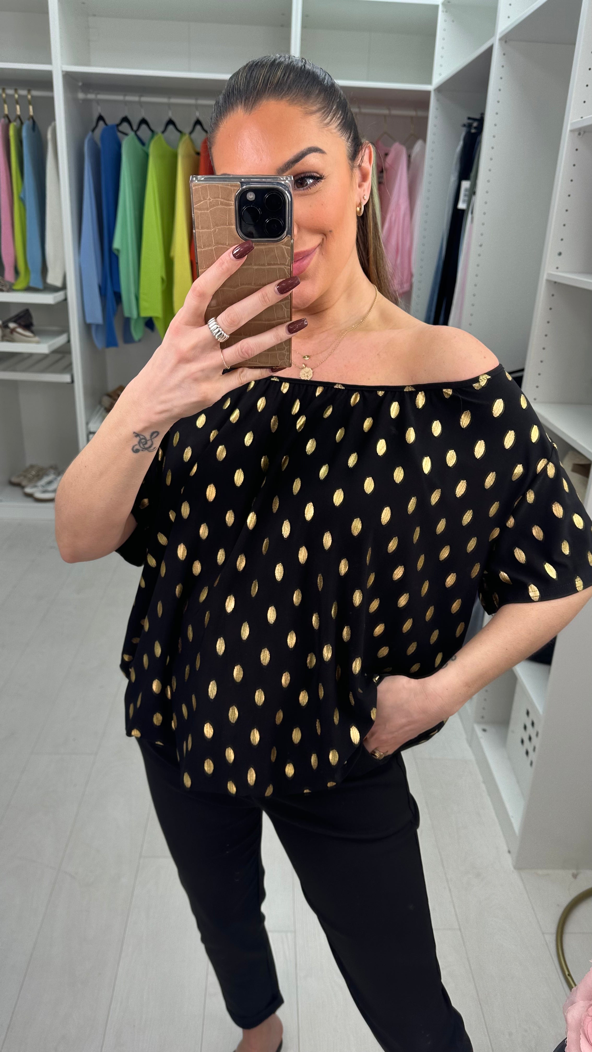 Isla Gold Polka Print Loose Fit Top