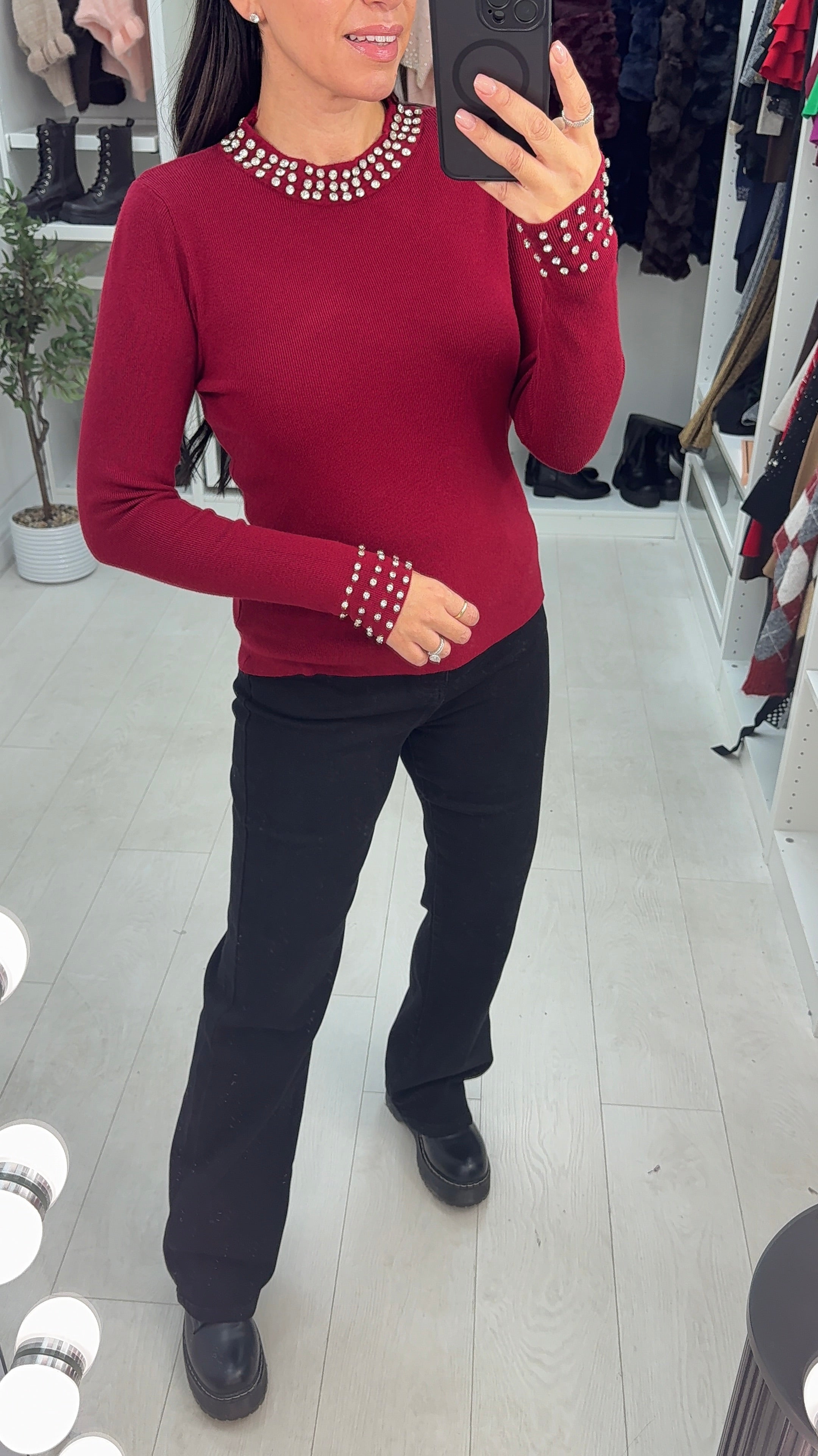 Patrese Diamante Detail Round Neck Ribbed Jumper