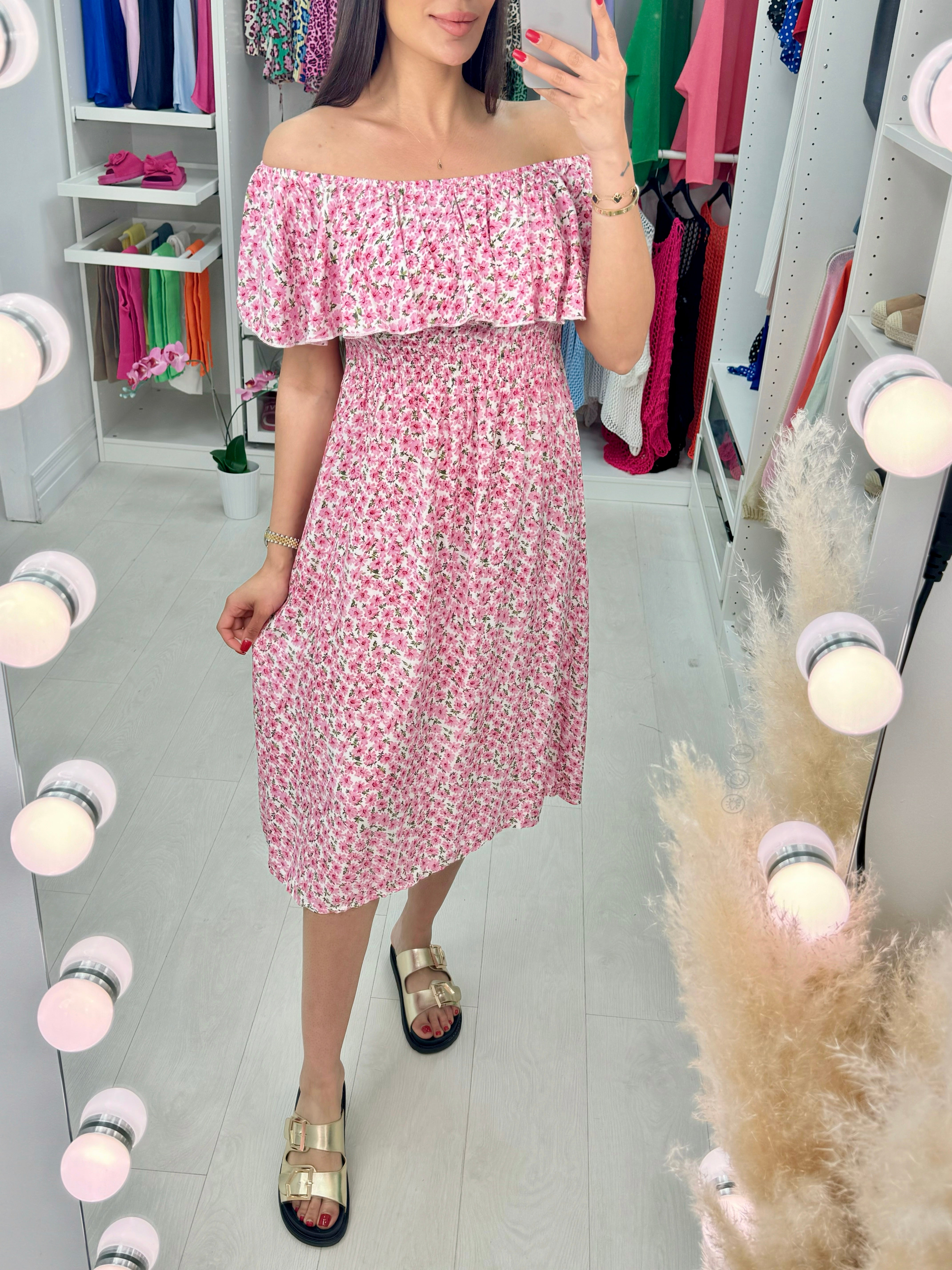 Miray Floral Print Bardot Frill Dress