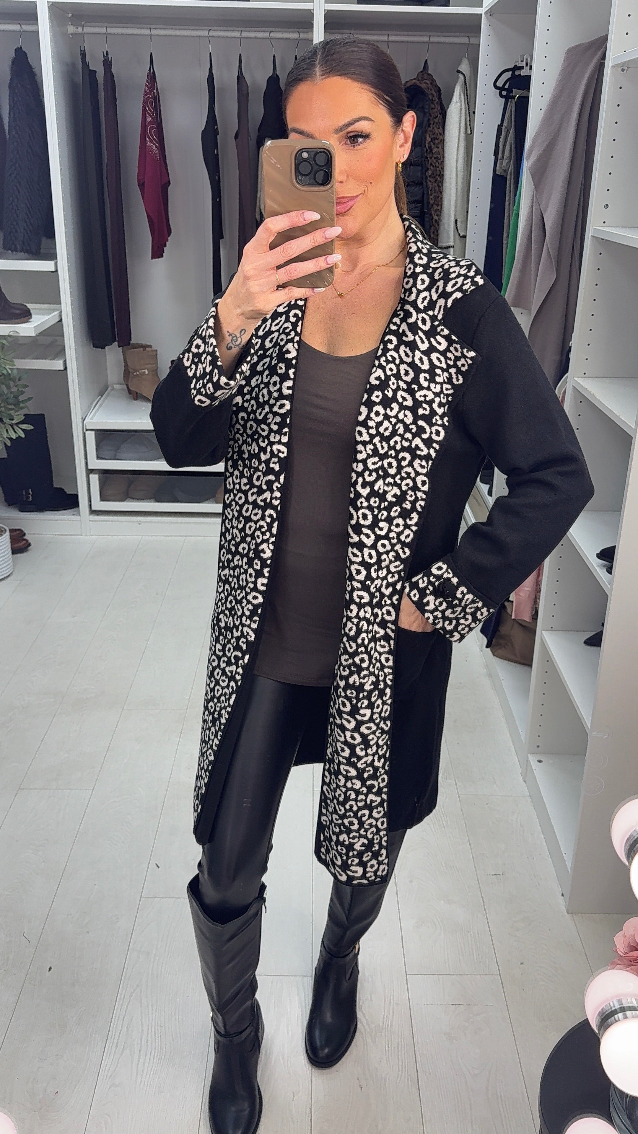 Mya Black/Beige Cheetah Trim Pocket Cardigan