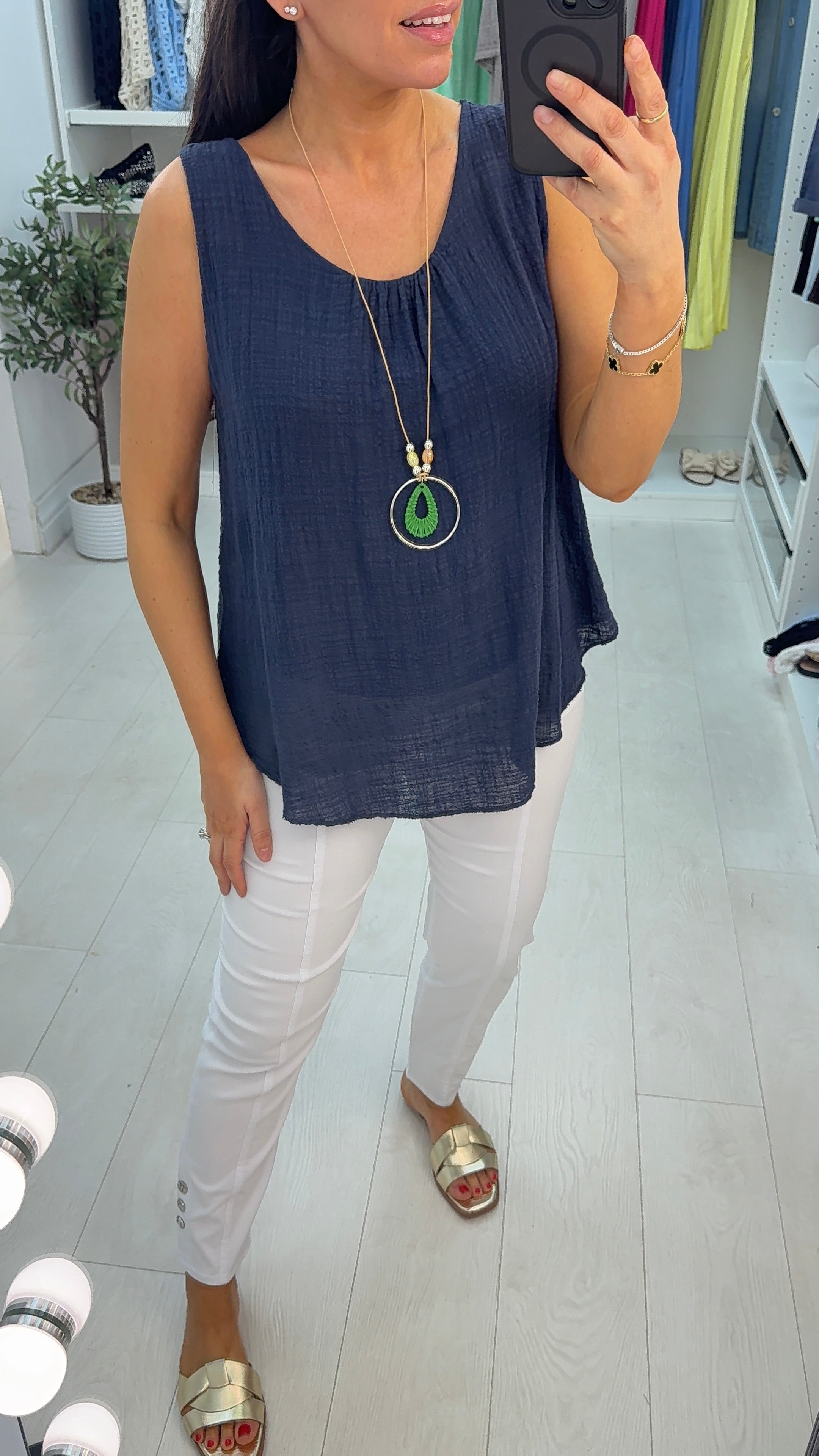 Eleni Plain Necklace Cheesecloth Top